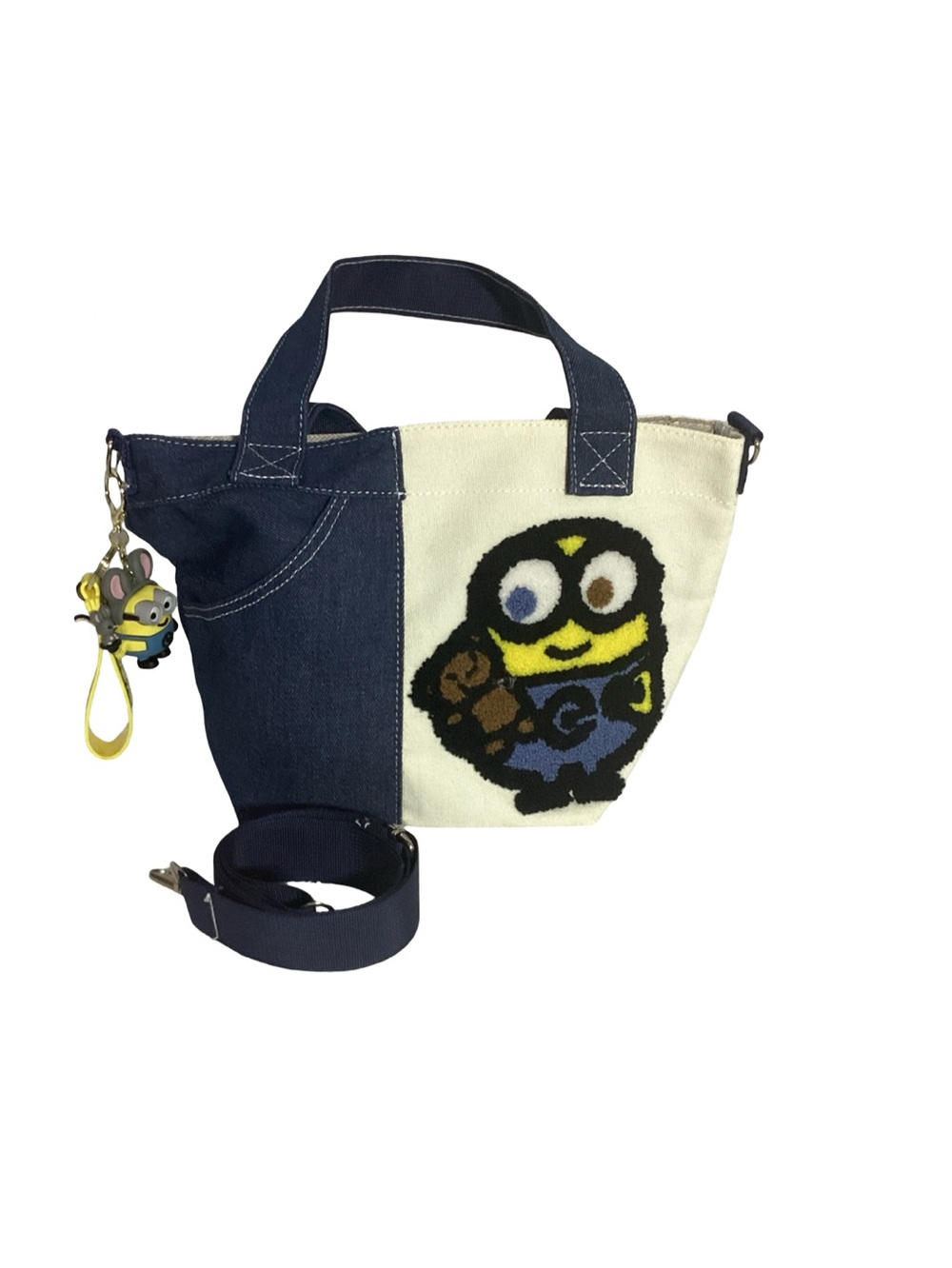 Minions Beige & Denim Canvas Mini Tote Bag with Long Strap & Charm EUC
